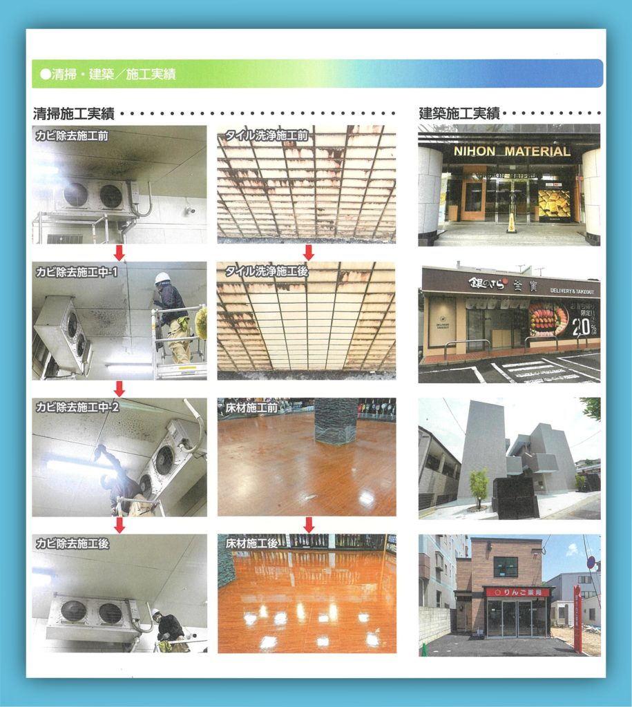 夢屋パンフレットのビフォーアフター紹介ページ。室内換気扇周りの天井に蔓延する黒カビを除去する様子を4段階に分けて撮影。他に、長年の油汚れがこびりついたタイルの清掃。劣化したフローリングのメンテナンスなど。
その右側には建築事業の施工事例。日本マテリアル、銀のさら店舗、リンゴ薬局、おしゃれな賃貸物件の写真。