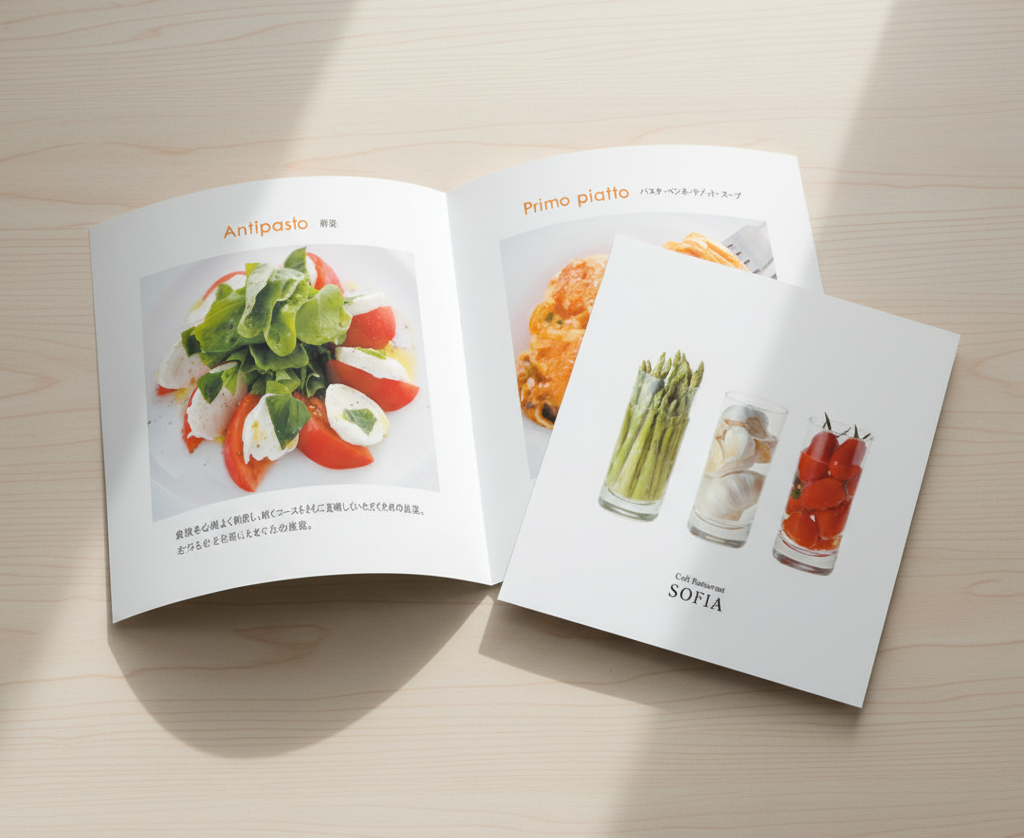 カフェソフィア_白を基調とした店内と料理をリーフレットで表現