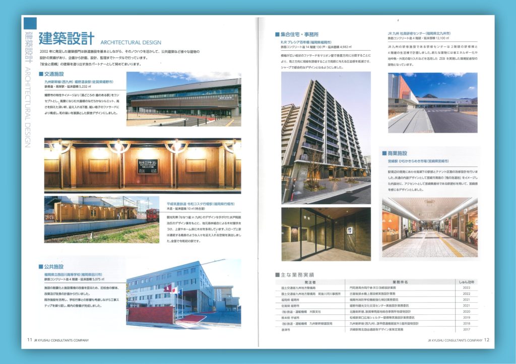 JR九州コンサルタンツ㈱の会社案内パンフレット_建築設計ページ　今まで手掛けた施工事例を画像と共に紹介。
駅舎、商業施設、ビル等。